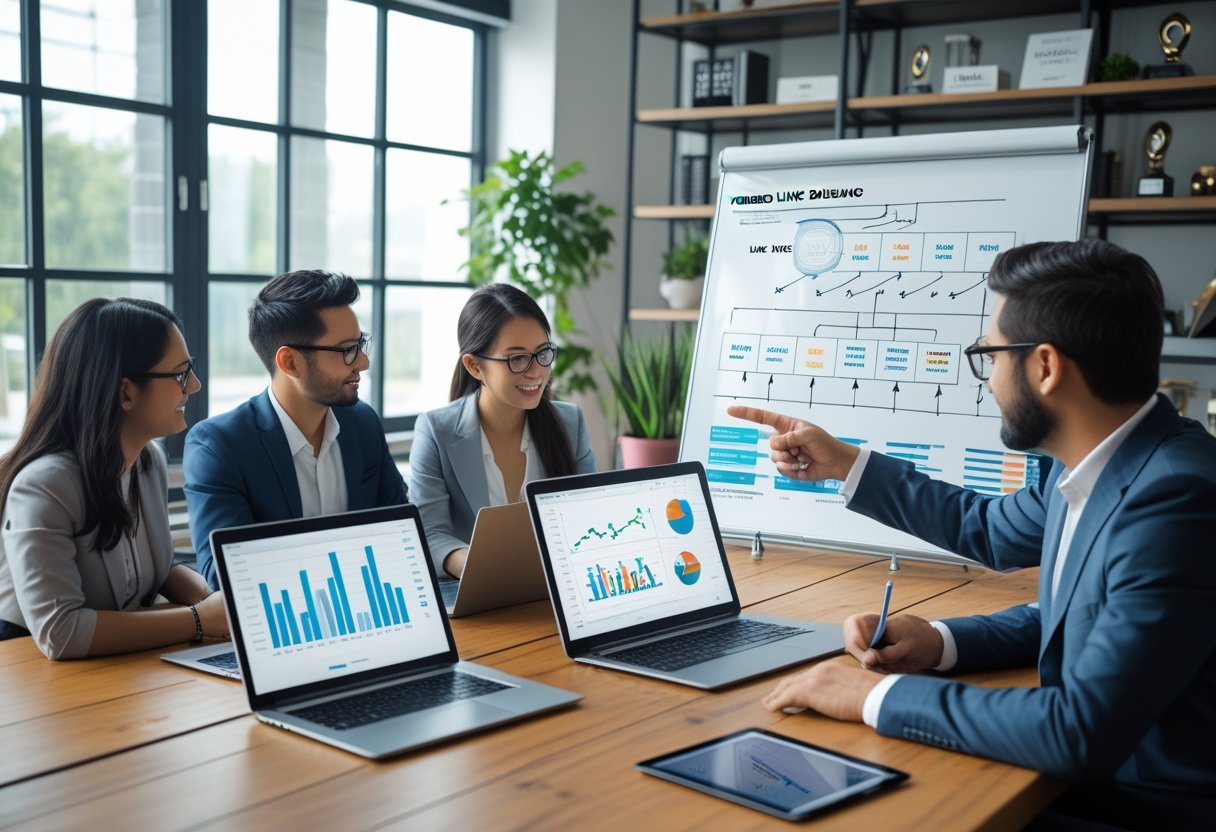 A team of professionals working together around a table with laptops and a whiteboard showing a flowchart in a bright office.