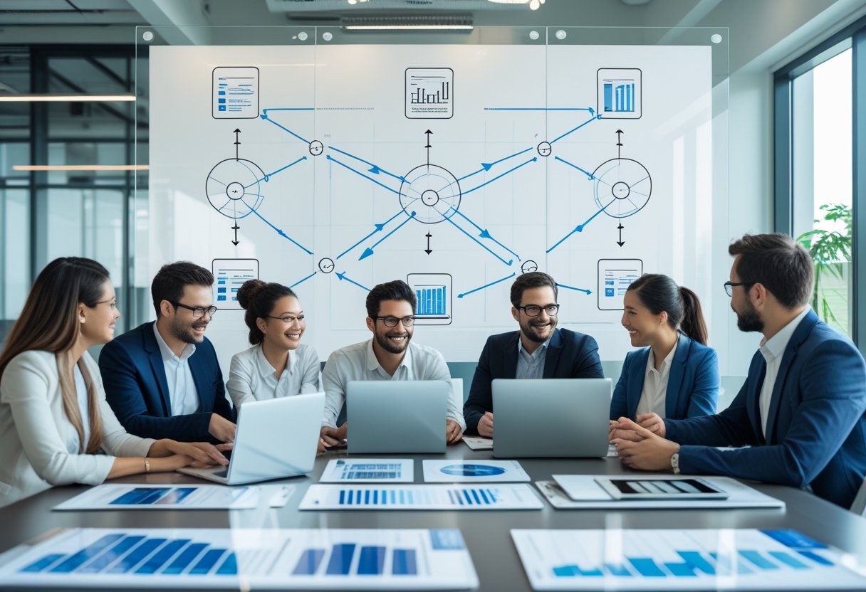 A group of professionals working together around a table with laptops and charts, discussing digital marketing strategies with diagrams on a glass board in the background.