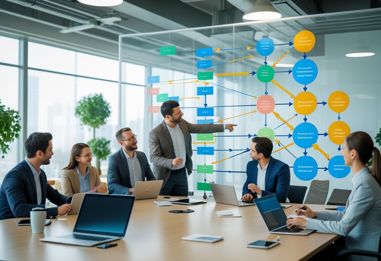 A team of marketing professionals collaborating around a conference table with a flowchart of a tiered link building strategy displayed on a glass board in a modern office.