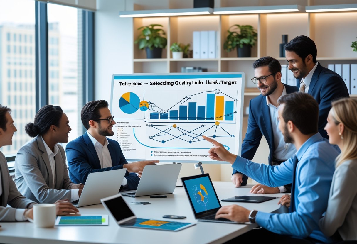 A group of professionals collaborating around a table with laptops and charts, discussing digital marketing strategies in a bright office.