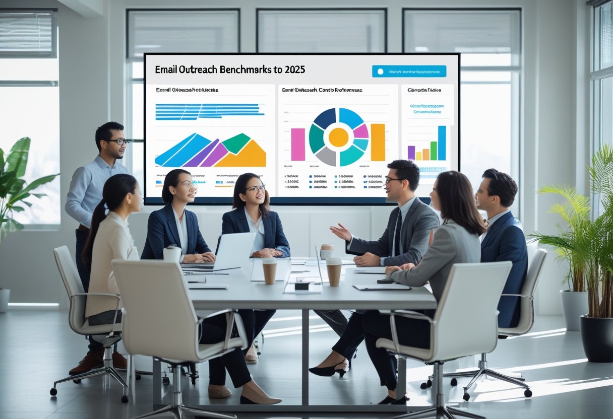 Outreach Email Benchmarks: What to Expect 1 A group of professionals in an office meeting room reviewing charts and data on a large screen.