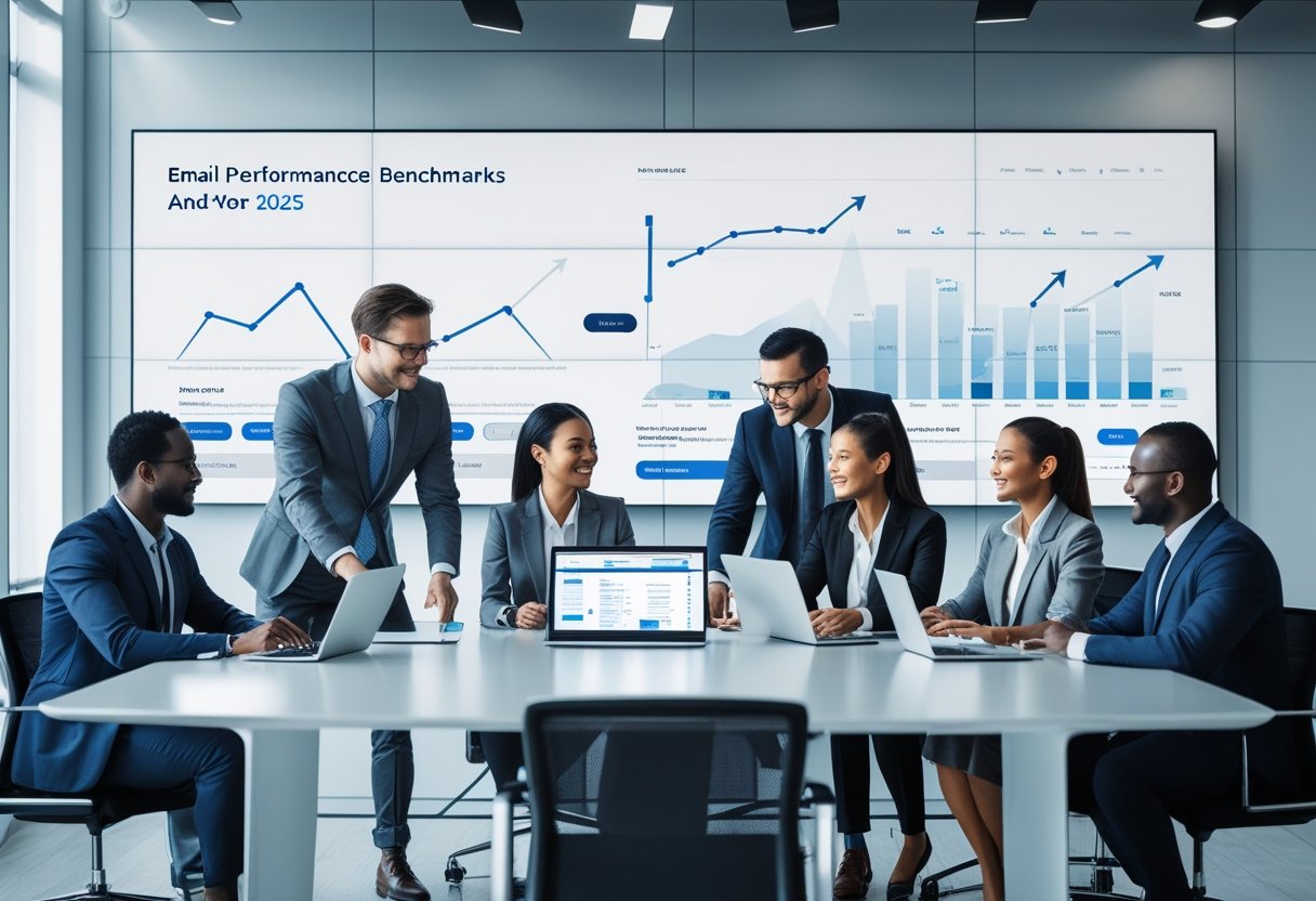 Outreach Email Benchmarks: What to Expect 2 A group of business professionals working together around a table with laptops and devices showing email and data charts in a modern office.