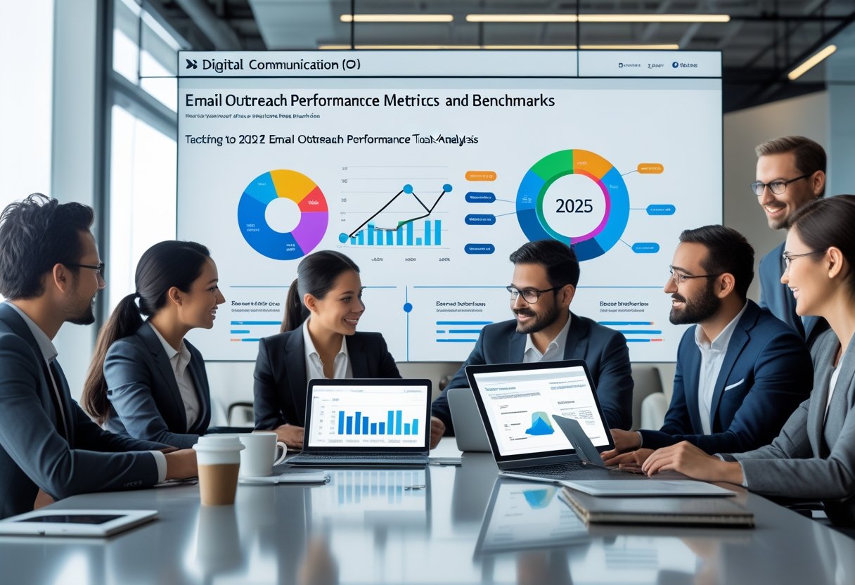 Outreach Email Benchmarks: What to Expect 3 A group of business professionals collaborating around a table with laptops and digital screens showing data charts and email metrics in a modern office.