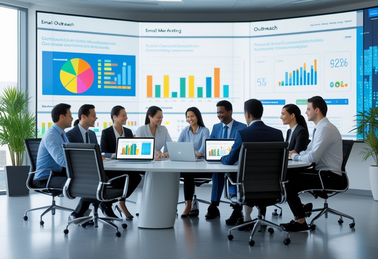 Outreach Email Benchmarks: What to Expect 4 A group of business professionals working together around a table with laptops and digital screens showing charts and data in a modern office.