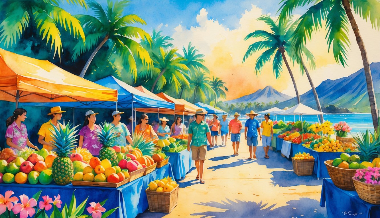 A lively outdoor market on a Hawaiian island with colorful fruit stalls, people shopping, palm trees, ocean, and mountains in the background.