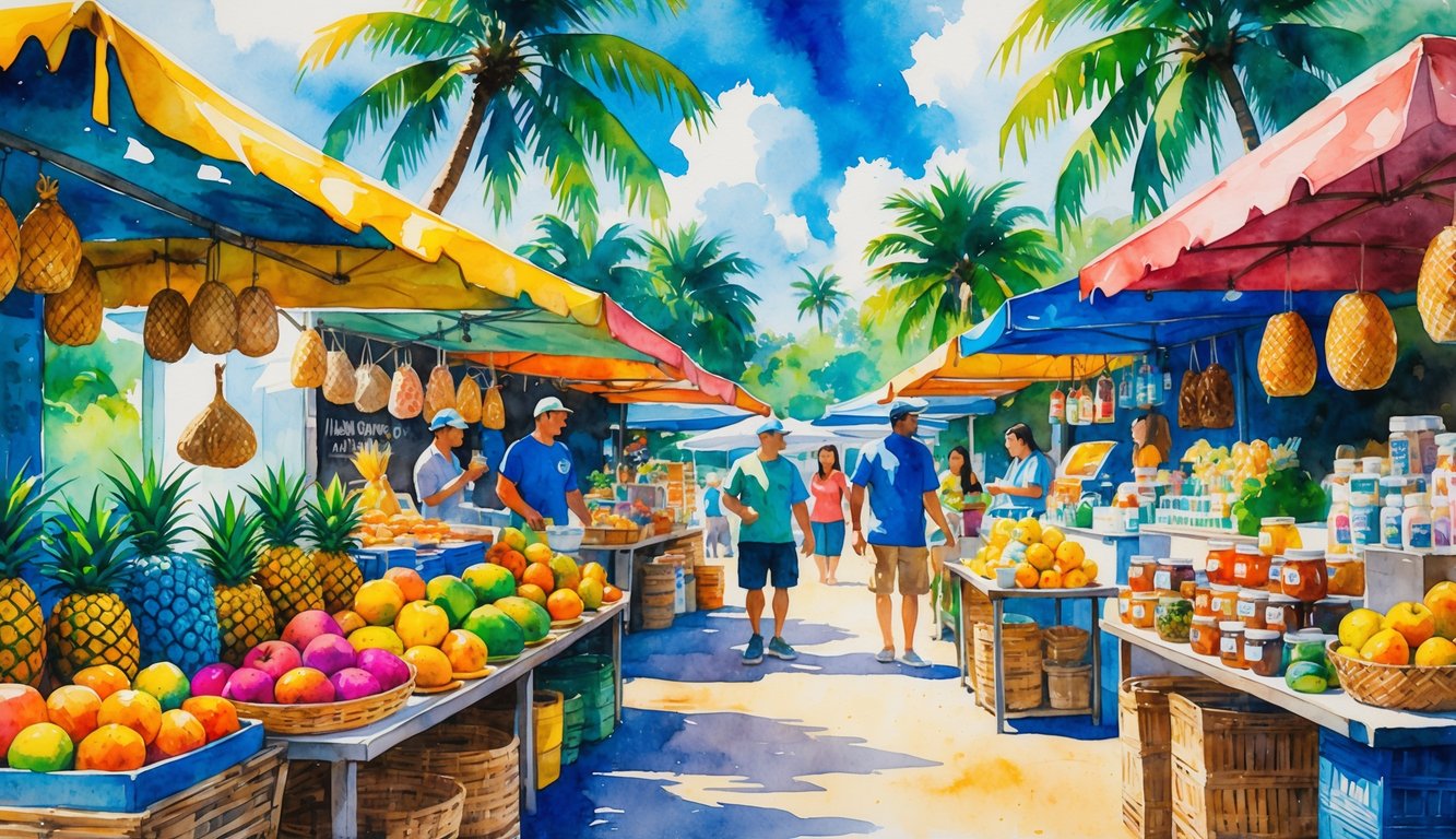 A lively Hawaiian local market with tropical fruits, coffee beans, honey jars, traditional crafts, and vendors interacting under palm trees.