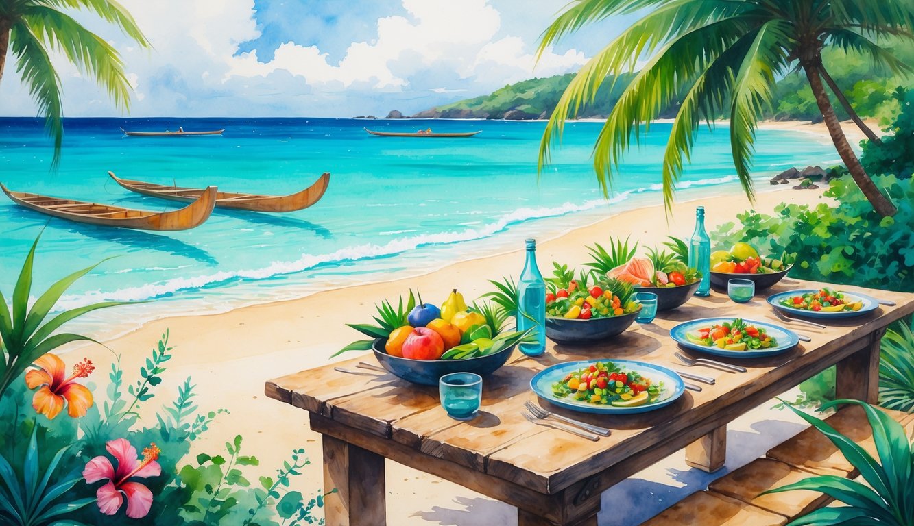 A Hawaiian coastal dining scene with a wooden table set with fresh tropical food, surrounded by green plants and overlooking a beach with calm blue ocean waters.