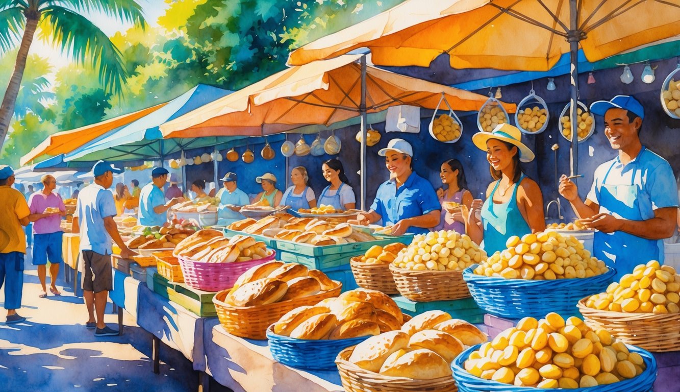 A busy Hawaiian market with stalls displaying baked goods and macadamia nuts surrounded by tropical plants and people shopping.