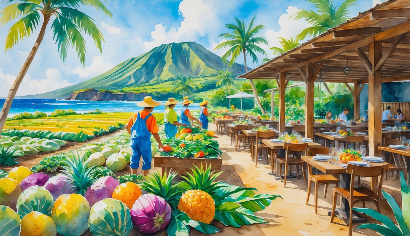 A tropical farm in Hawaii with farmers harvesting fresh fruits and vegetables, and an open-air dining area with plates of local food, set against palm trees, mountains, and the ocean.