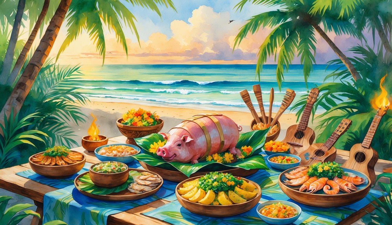 A traditional Hawaiian feast with various dishes on a wooden table surrounded by tropical plants and a beach with palm trees in the background.