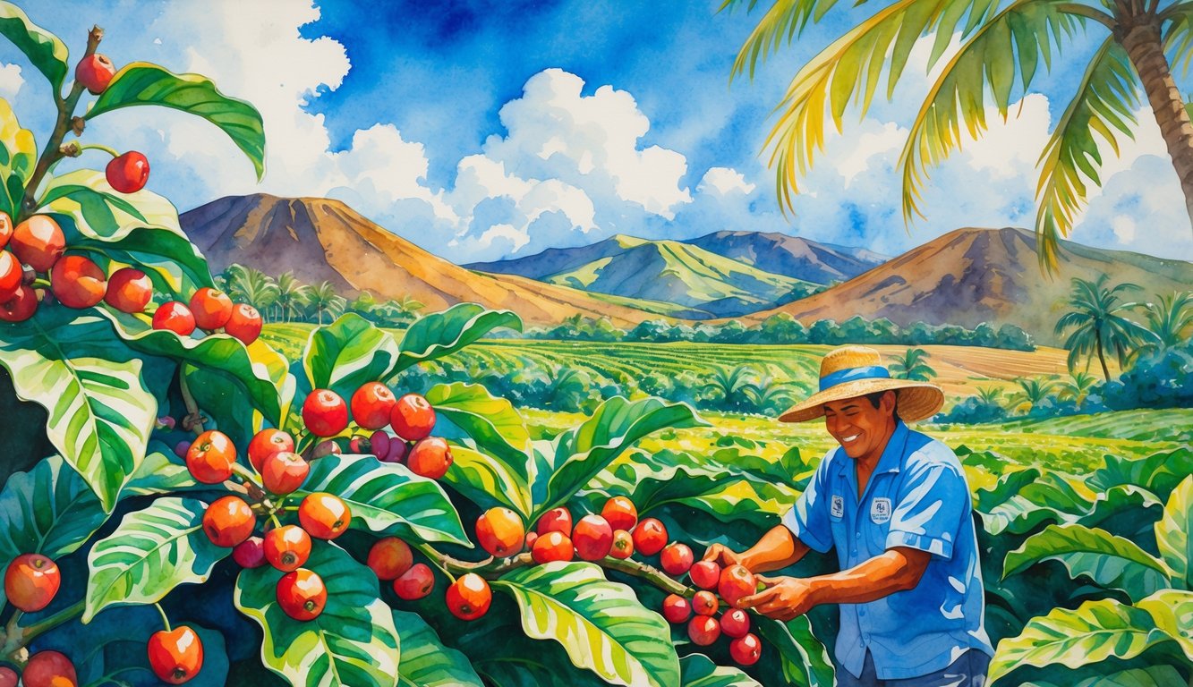 A tropical coffee farm with a farmer picking red coffee cherries among green plants and volcanic hills in the background.