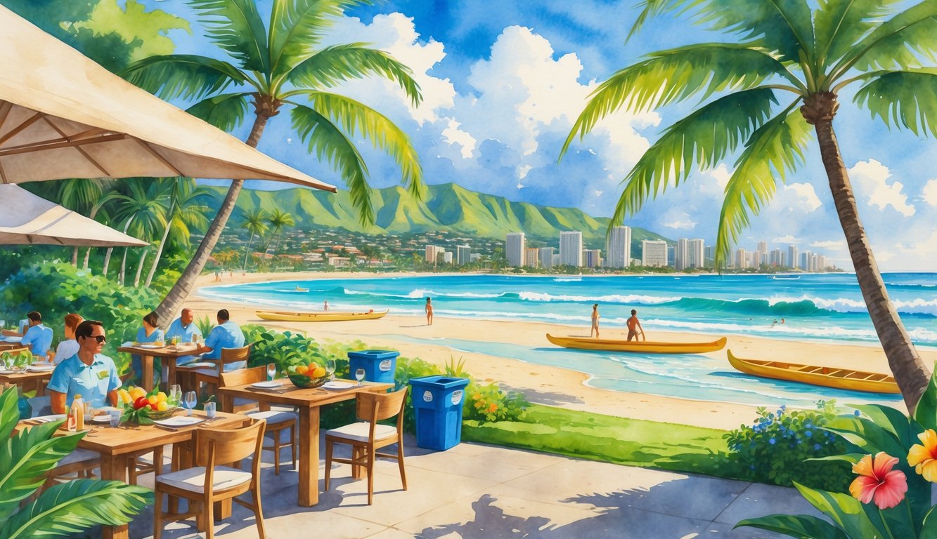 Outdoor restaurant patio near a beach in Honolulu with people dining surrounded by palm trees, mountains, and ocean waves.