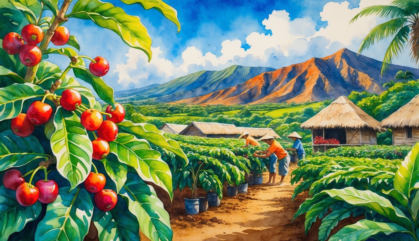 A Hawaiian coffee farm with ripe red coffee cherries on plants, farmers picking coffee, volcanic mountains in the background, and tropical vegetation.