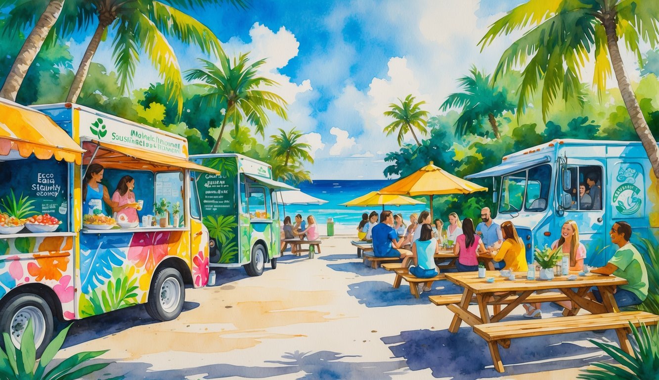 A lively Hawaiian street scene with food trucks serving meals and people dining outdoors surrounded by palm trees and tropical plants.