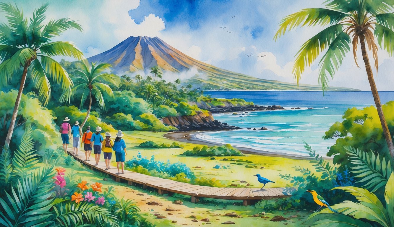 A Hawaiian landscape with native plants, birds, tourists walking on a boardwalk, a volcanic mountain, and the ocean in the background.