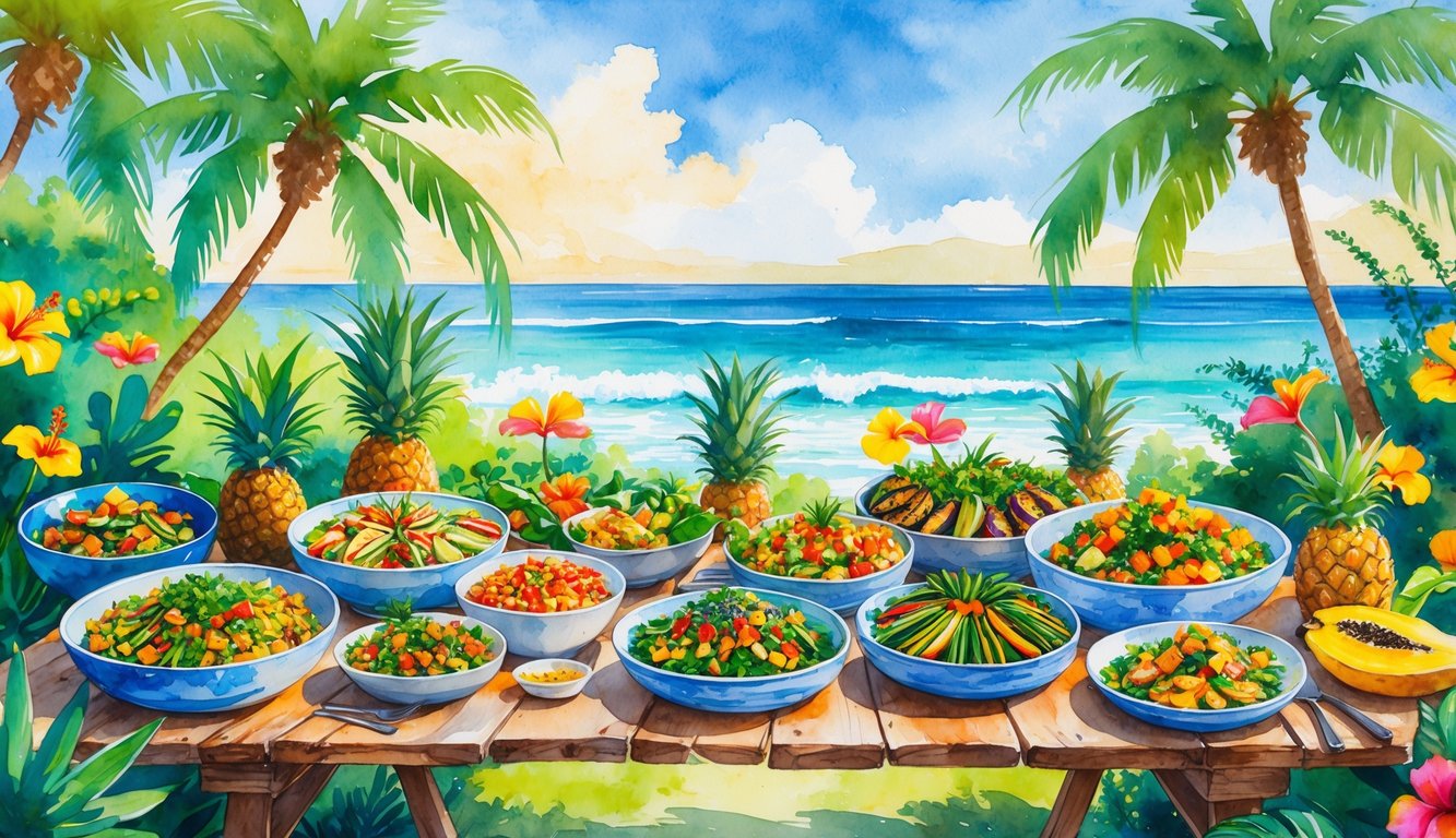 A Hawaiian outdoor scene with a table full of fresh vegan and vegetarian dishes surrounded by tropical plants and ocean waves.