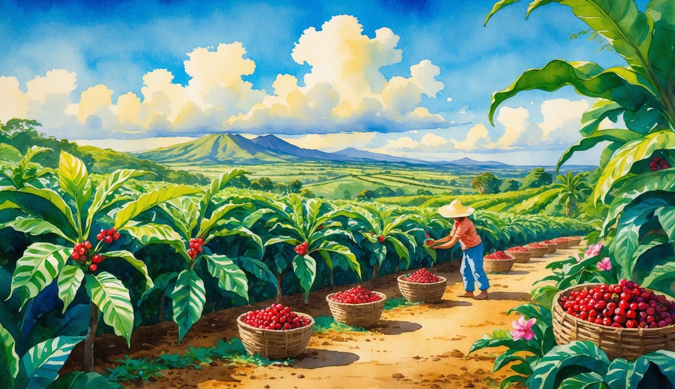 A person picking ripe coffee cherries on a green coffee farm with mountains and blue sky in the background.