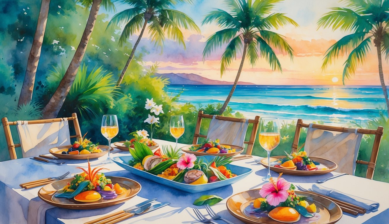 An outdoor dining table in Hawaii with colorful dishes, tropical plants, and a sunset over the ocean.