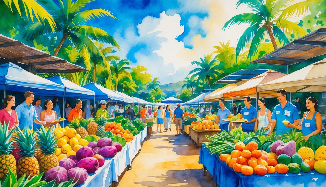 A lively Hawaiian farmer's market with fresh tropical fruits and vegetables, people buying produce, and outdoor dining areas surrounded by palm trees and tropical plants.