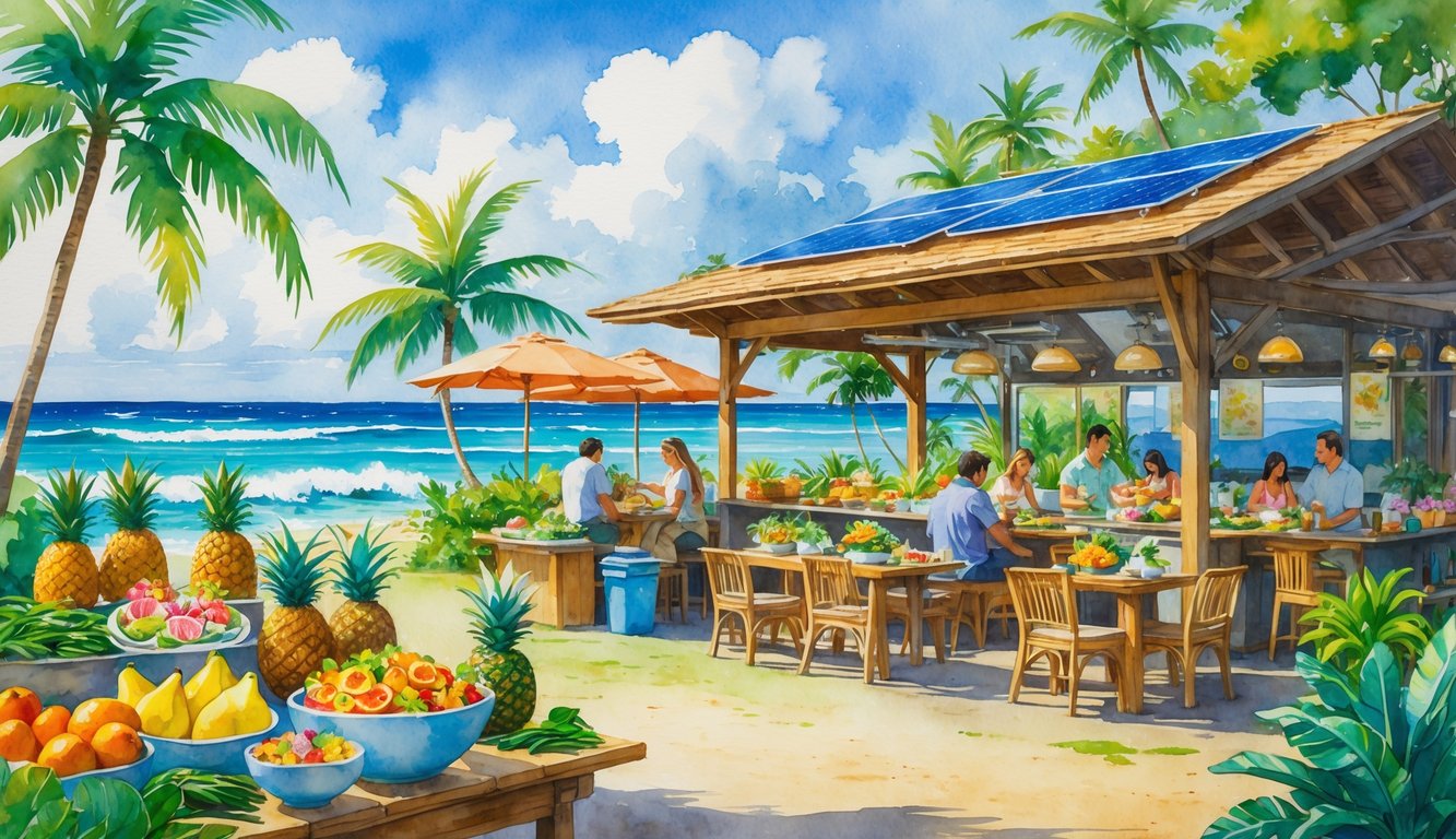 A Hawaiian farmers market and outdoor restaurant with fresh tropical fruits, vegetables, and diners enjoying meals near the ocean surrounded by native plants.