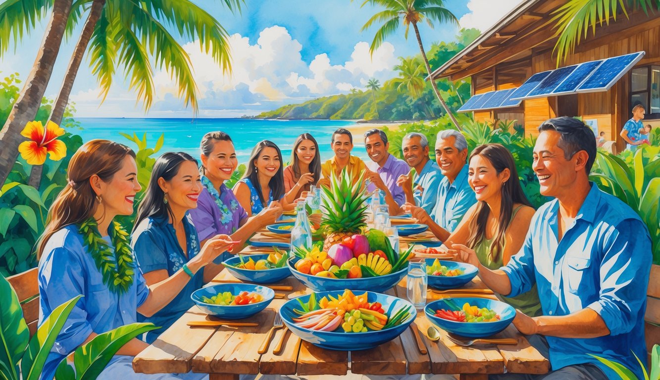 People enjoying a meal outdoors at a table surrounded by tropical plants and ocean views in Hawaii.