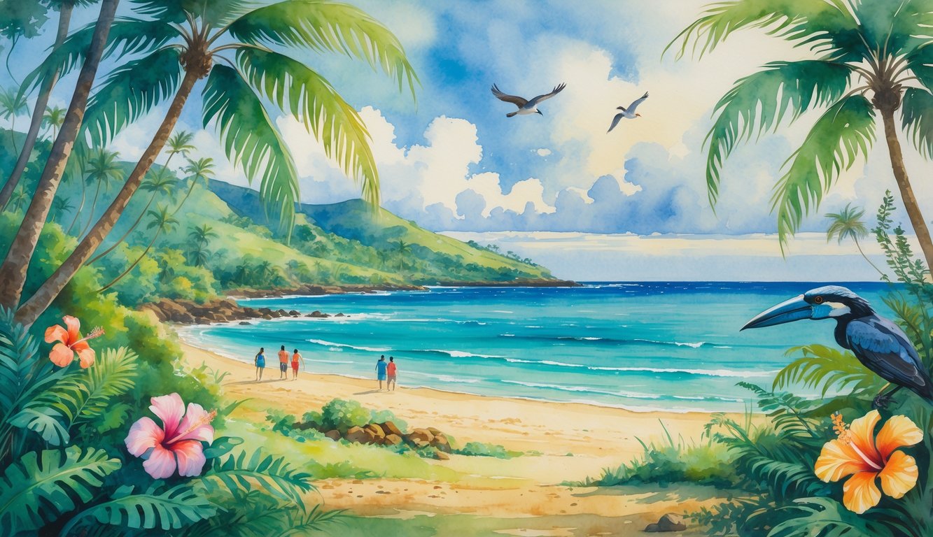 A tropical Hawaiian landscape with native birds, palm trees, and a shoreline showing a few tourists walking on a trail amid lush vegetation.