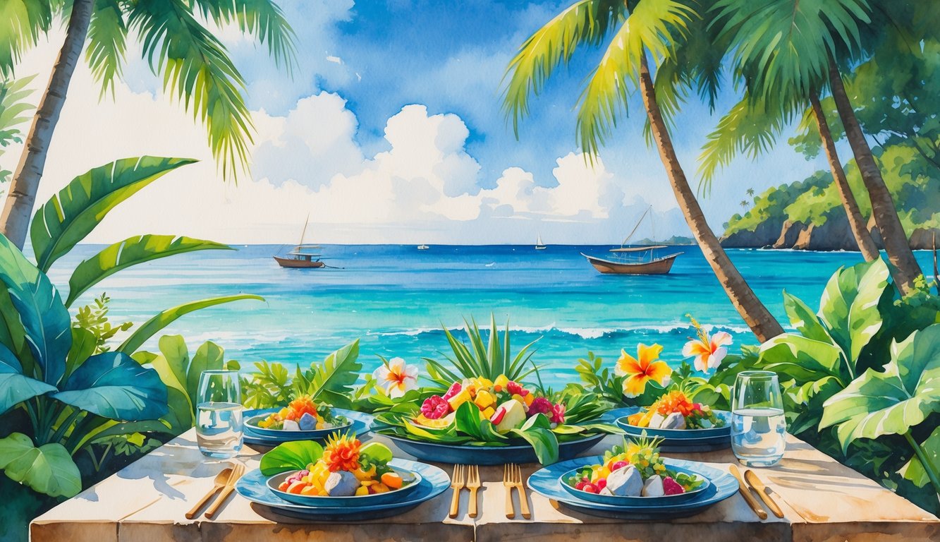 A coastal Hawaiian dining scene with a wooden table set with fresh tropical foods, surrounded by lush plants and palm trees, overlooking the ocean with fishing boats in the distance.