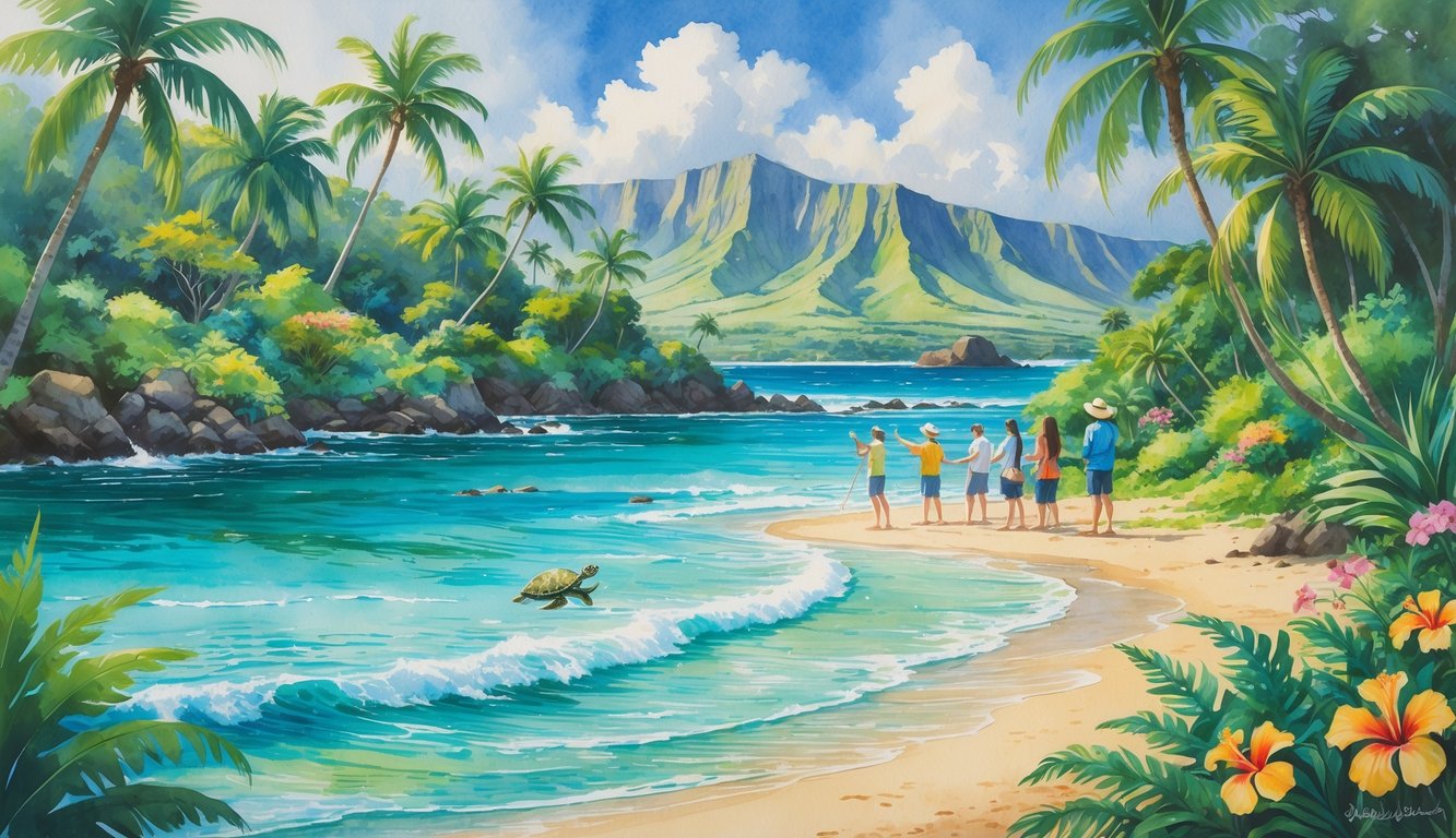 A tropical Hawaiian beach with clear blue water, lush green plants, volcanic mountains, and people planting trees and observing wildlife.
