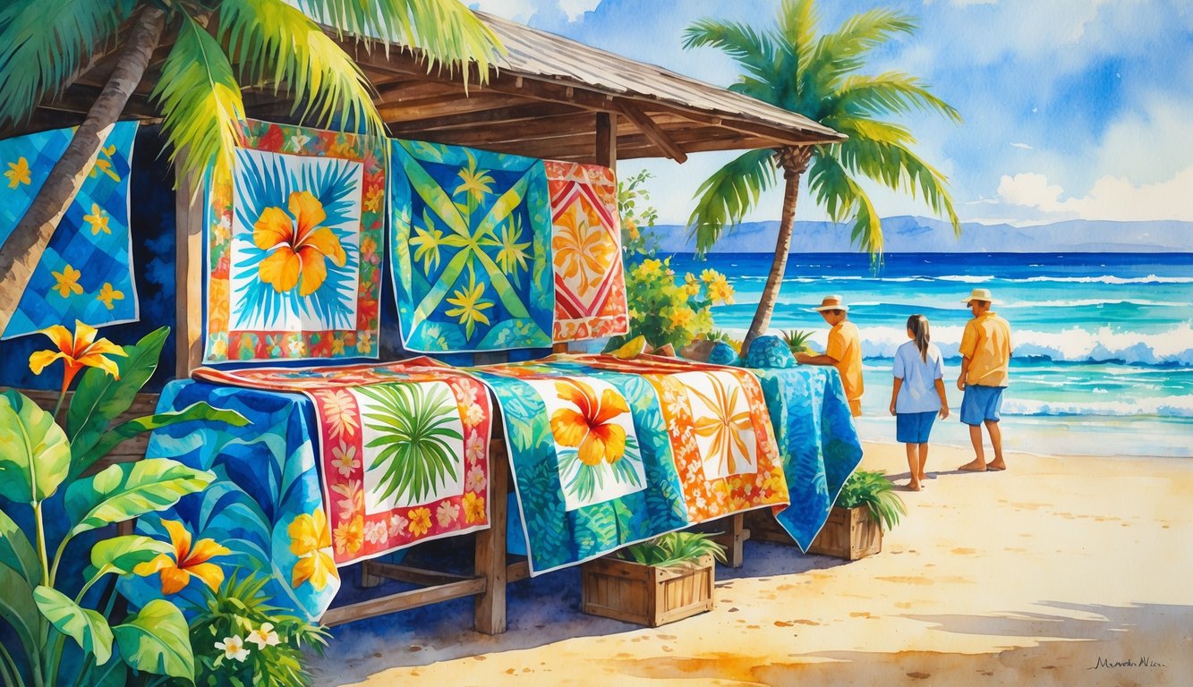 A Hawaiian marketplace stall displaying colorful traditional quilts with tropical plants and ocean in the background, with people browsing the quilts.