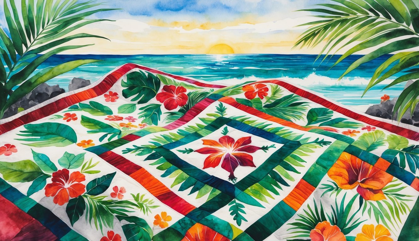 A colorful Hawaiian quilt with traditional floral patterns surrounded by tropical plants and an ocean background.
