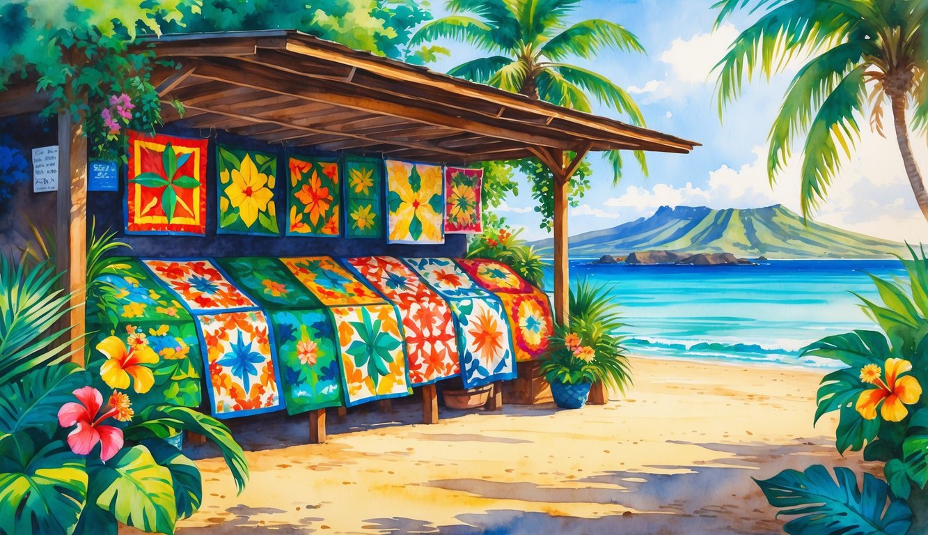 A tropical market stall displaying colorful Hawaiian quilts surrounded by lush plants with the ocean and mountains in the background.