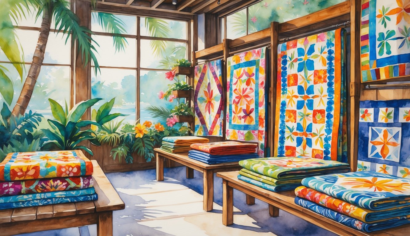 A cozy retail space displaying colorful Hawaiian quilts with floral and geometric patterns, surrounded by tropical plants and soft natural light.