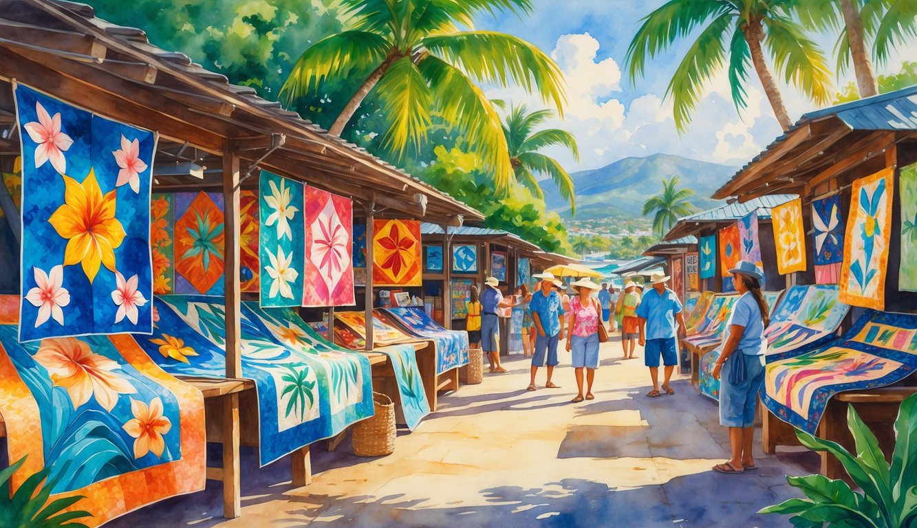 A lively outdoor Hawaiian marketplace with stalls displaying colorful traditional quilts, surrounded by tropical trees and mountains, with people browsing and interacting.