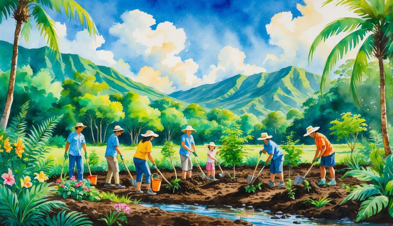 People planting young trees in a lush Hawaiian forest with mountains and a stream in the background.