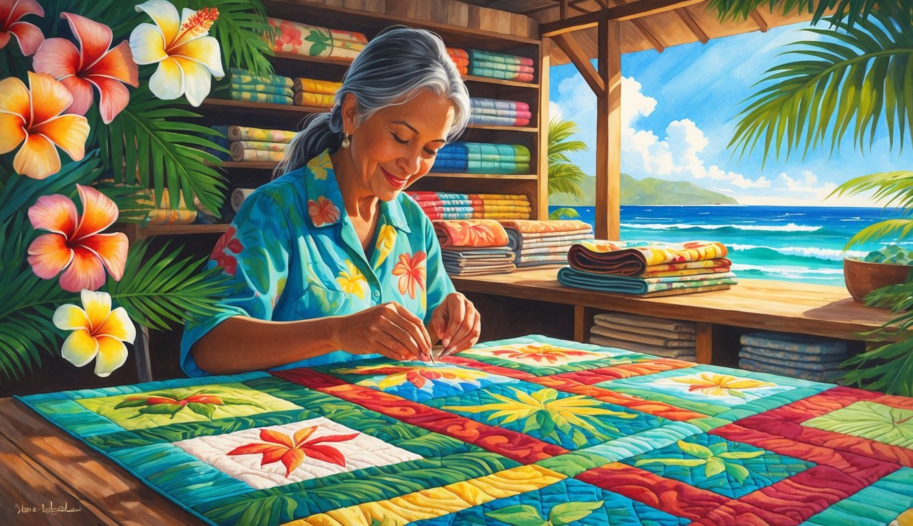 A person sewing a colorful Hawaiian quilt at a wooden table surrounded by tropical flowers and leaves, with a shop interior and ocean view in the background.