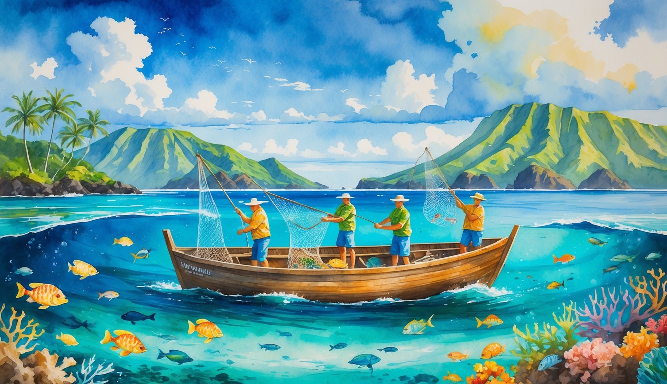 A Hawaiian fishing boat on clear ocean water with fishermen casting nets, surrounded by tropical fish and coral reefs, with green islands and mountains in the background.