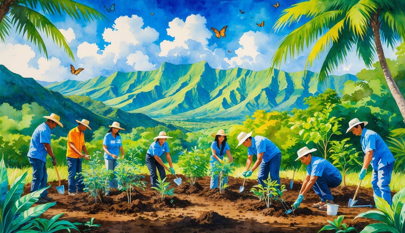 People planting young trees and watering plants in a lush Hawaiian forest with mountains and blue sky in the background.