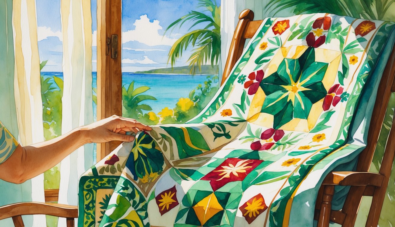 A sunlit room with a wooden rocking chair draped with a colorful Hawaiian quilt and a hand gently smoothing it, with tropical plants and the ocean visible through a window.