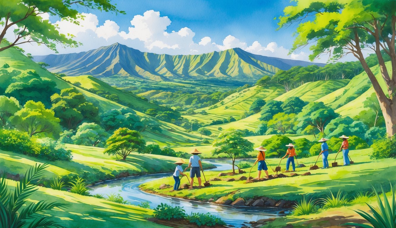 People planting young trees on green hills in Hawaii with mountains and a stream in the background.
