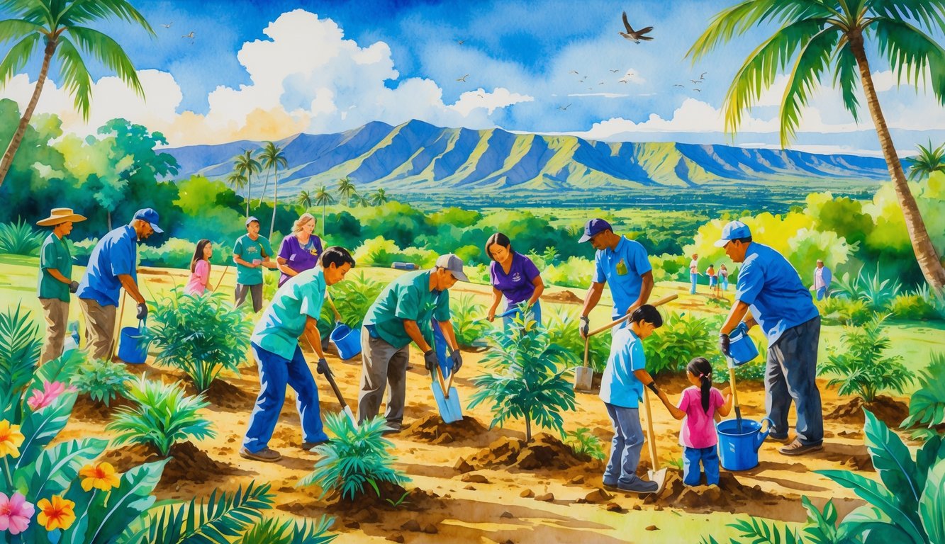 People planting young trees and native plants in a lush Hawaiian landscape with mountains and palm trees in the background.