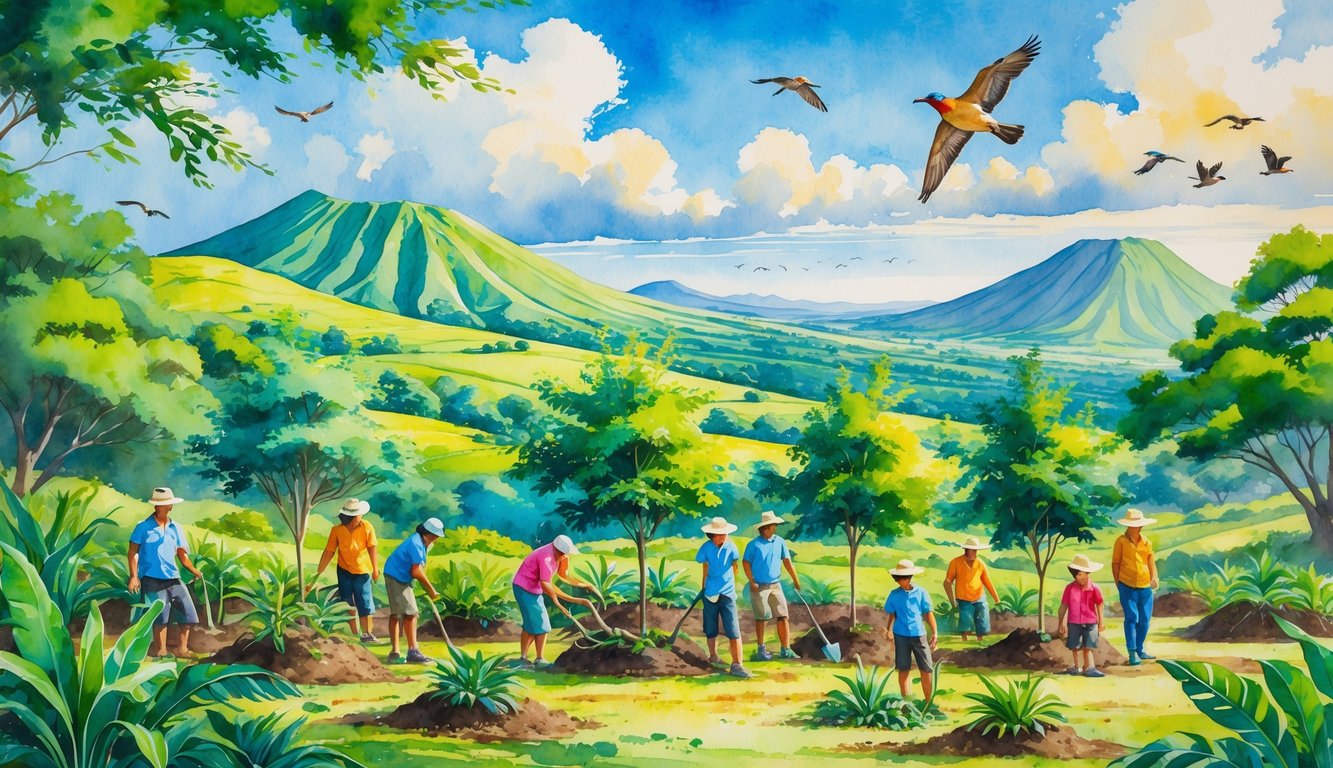 People planting young trees on green hills in Hawaii with native birds flying nearby and mountains in the background.