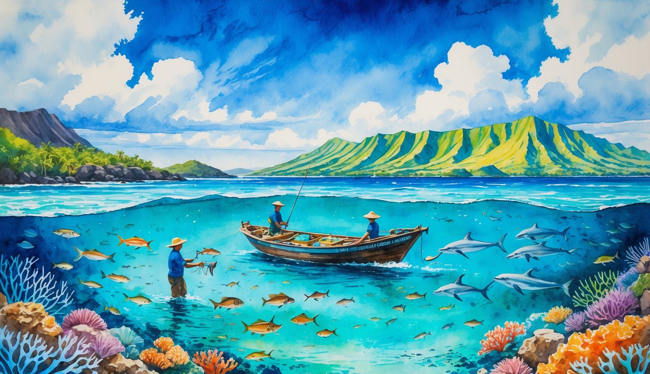 A coastal scene with a Hawaiian fishing boat on clear water surrounded by coral reefs and various fish, with green mountains in the background.