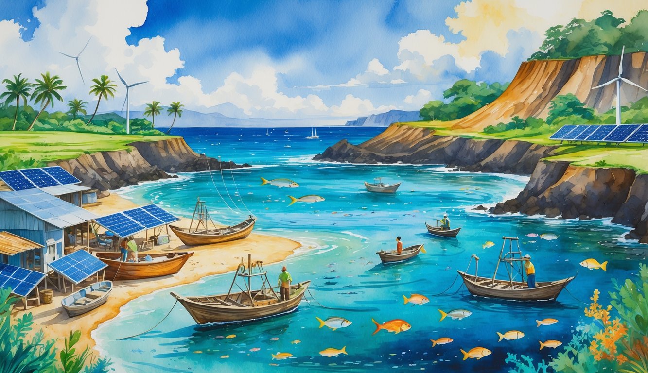 A coastal Hawaiian village with fishing boats, fishermen using sustainable methods, clear waters with fish and coral, and renewable energy sources like solar panels and wind turbines nearby.