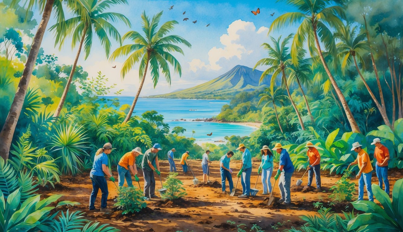 People planting trees in a Hawaiian forest near the coast with mountains in the background and native birds flying around.