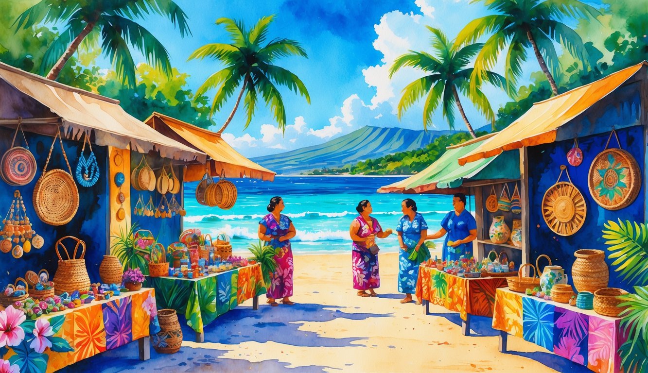A Hawaiian marketplace with handmade crafts, palm trees, tropical flowers, ocean waves, and mountains in the background.