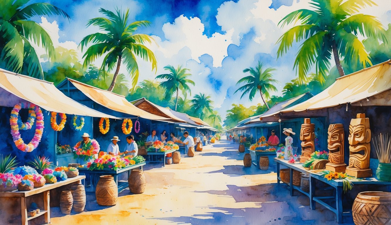 A Hawaiian marketplace with artisans making leis, wooden tiki statues, and woven baskets surrounded by palm trees under a blue sky.