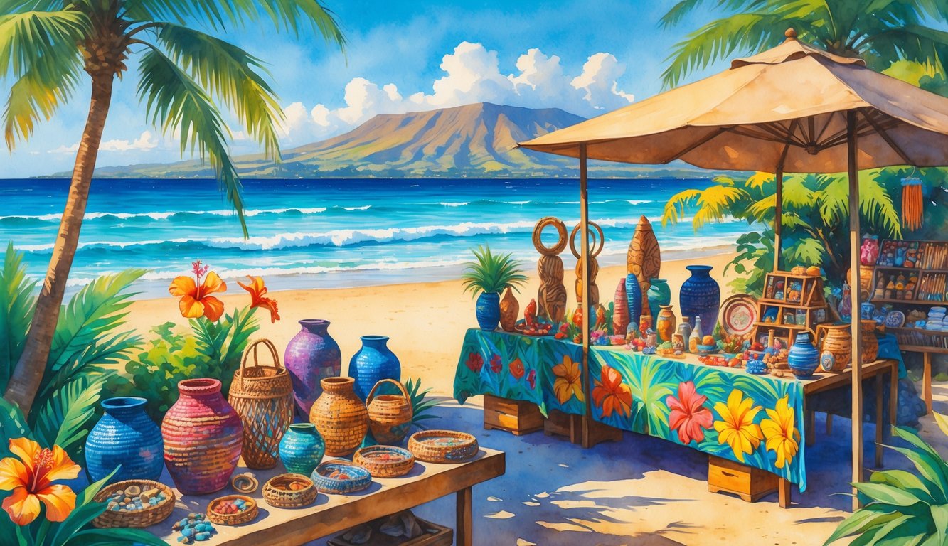 A Hawaiian market with artisans displaying handmade crafts like baskets, jewelry, and wooden sculptures near a beach with palm trees and mountains in the background.