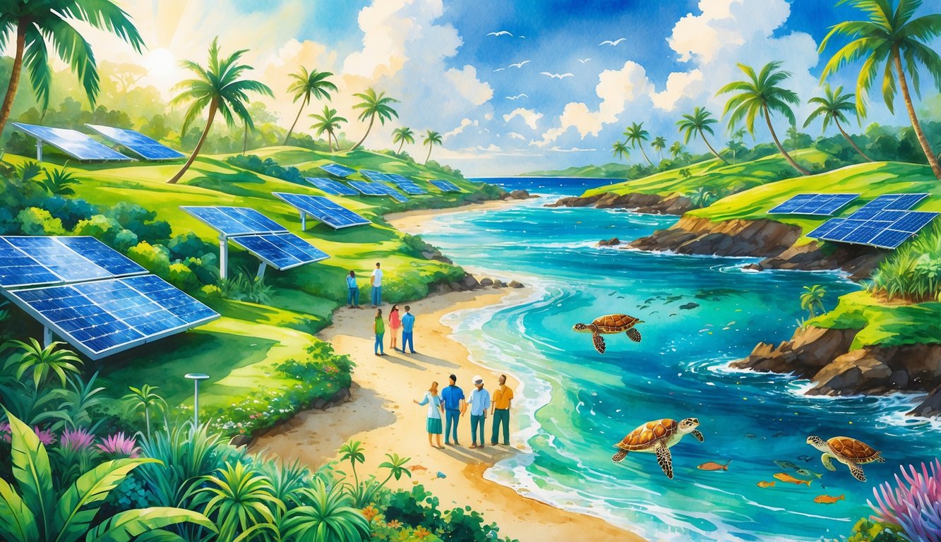 A tropical Hawaiian landscape with green hills, ocean waves, native plants, wind turbines, solar panels, coral reefs, sea turtles, and people working together outdoors.