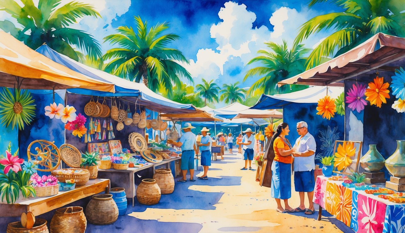An outdoor market in Hawaii with artisans selling handmade crafts like wooden sculptures, woven baskets, and colorful textiles among palm trees under a blue sky.