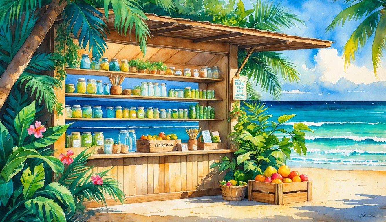 A Hawaiian zero-waste shop with tropical plants, wooden shelves holding reusable jars and bamboo utensils, fresh fruits in crates, and a beach with waves in the background.